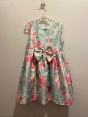 Girls Floral Bow-Front Sleeveless Dress in Mint and Pink